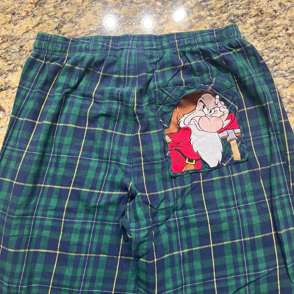 Vintage Disney Store Grumpy Plaid Pajama Pants Mens Medium‎ Green Blue Flannel